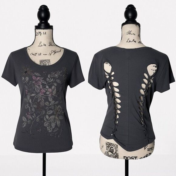 Forever 21 Gray Floral Beaded Cutout Back T-Shirt SZ M - Picture 1 of 5